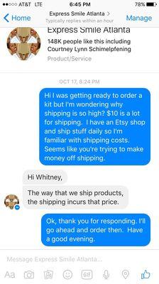 Message between Express Smile Atlanta and me regarding their high shipping costs. Lies, lies, lies