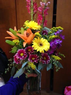 A beautiful bouquet delivered on time and the staff was super friendly!!