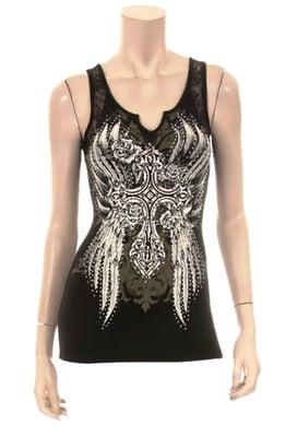 Women's Tank Top with Lace Straps and Rhinestone Angel Wings Cross and Roses