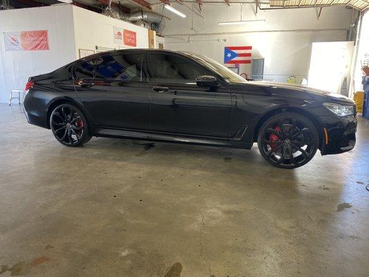 BMW 750i vinyl chrome deleted and ceramic window tinted