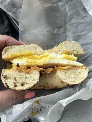 Bacon, egg & cheese on an onion bagel.