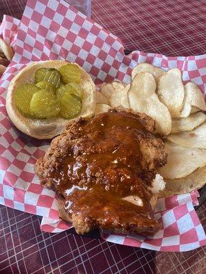 nashville chicken sandwich with house chips