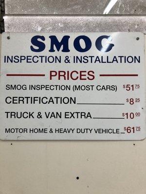 Smog inspection & STAR certification prices