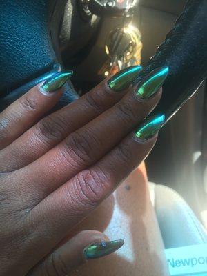 Acrylic full set, designer shape, chrome detail.