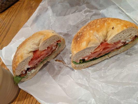 Blt on an asiago bagel with mayo