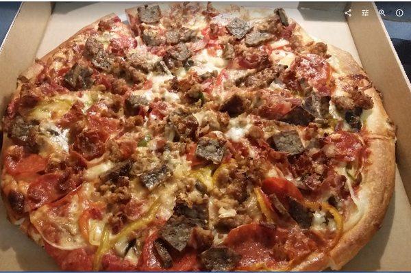 Zani Special Pizza - Onions, Peppers, Mushrooms, Sausage, Meatball, Pepperoni, Bacon & Garlic