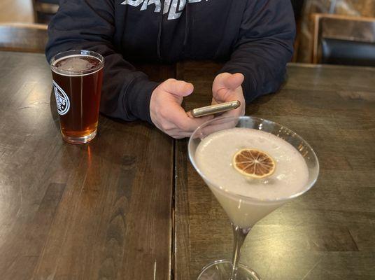 Swinging Bridge beer and a lemon drop martini