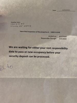 This is the letter telling me I'm responsible through 7.31.20