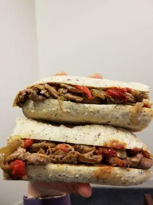 The Franklin - Fully Loaded with Grilled Steak, Sauteed Onions, Mild Cheddar, Roasted Red Peppers and Chipotle BBQ Sauce