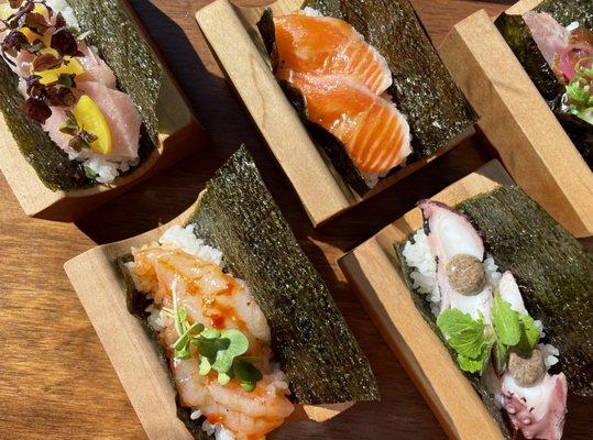 Sushi handrolls are served open faced