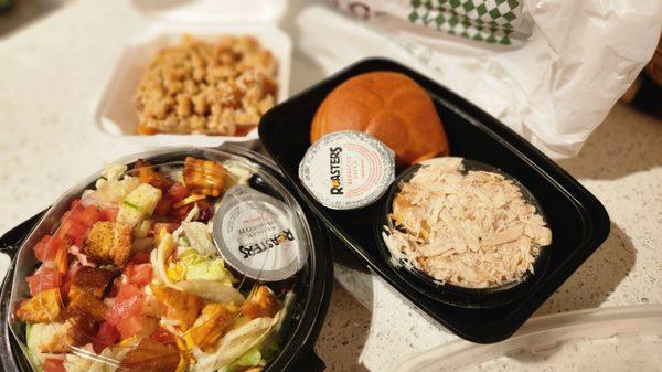 Rotisserie chicken sandwich ( breast meat), side salad and peach cobbler