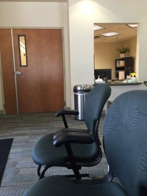 Clean, small waiting room. Nice wide door can accommodate people with disabilities Moore easily.