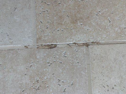 Water marks as water is coming up under tiles and pushing grout out. cracks in seams allows water to go underneath door tracks.