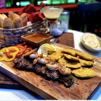 Mar y Tierra: Churrasco and Shrimp with Fried Plantains