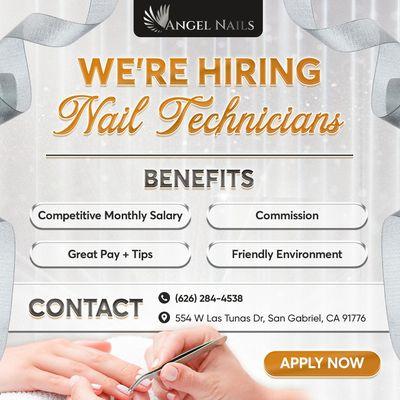 WE'RE HIRING: Nail Technicians 
 Angel Nails is looking for talented Nail Technicians to join our team!