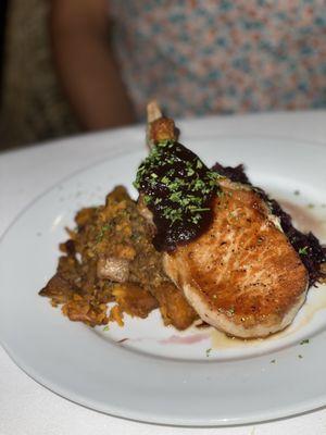 Pork Chop w/ red cabbage and chorizo sweet potato hash