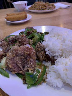 gang-do Pai gwut (deep fried pork chop rice) with Vegetable Egg Roll