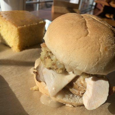 Gobbler Sandwich (November 2023 special) and Cornbread