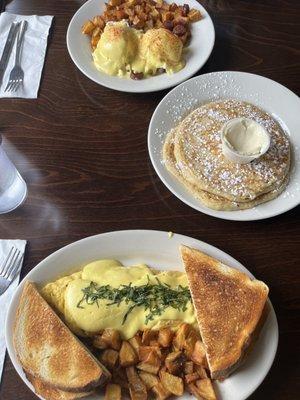 Eggs Benedict, omelette, and buttermilk pancakes