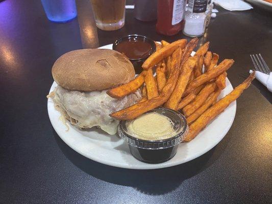 Pulled pork, Swiss and sweet potato fries