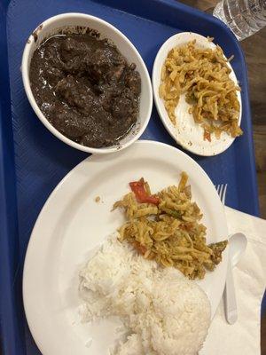 Pancit and dinuguang with white rice