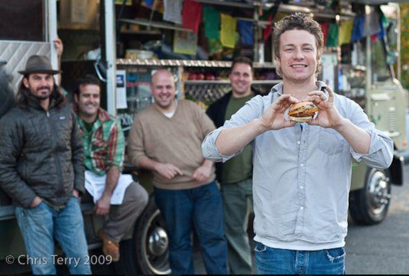 Green Truck owners Kam & Mitchell with Green Truck collaborator, Jamie Oliver!