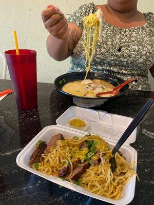 Steak and Garlic Noodles and Tonkatsu Ramen