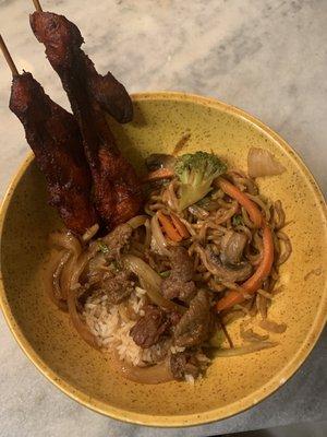 Teriyaki chicken on stick, Mongolian beef, & veggie lo mein