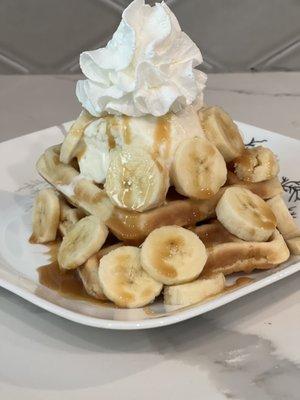 Ice cream and waffles with banana