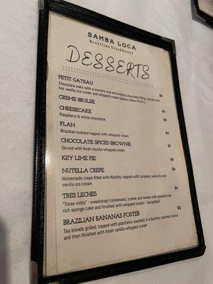 Dessert menu