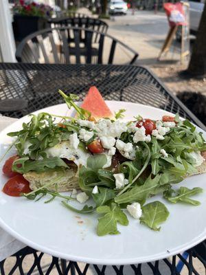 Breakfast #1 focaccia with crispy prosciutto, fried eggs, arugula and feta!