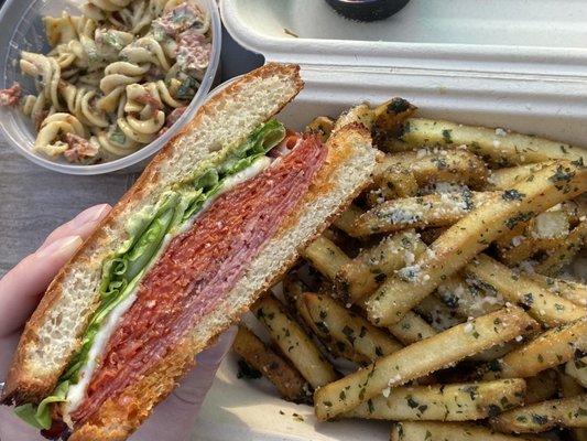 Amico sandwich, pasta salad, & pesto Parmesan fries