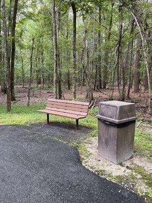 Benches and trash cans along a paved trail