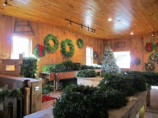 wreaths sold inside barn