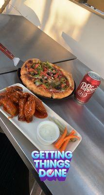 Personal pizza and Buffalo wings