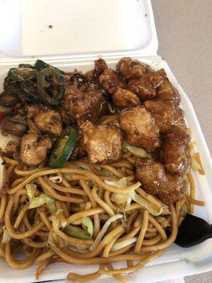 Jalapeño chicken, orange chicken and chow mein