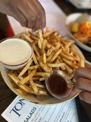 old bay fries with a side house made ranch snd bbq sauce