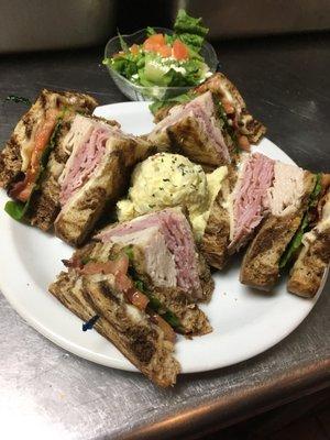 Clubhouse Sandwich on Marble Rye. Optional with sourdough. Served with Potatoes salad or fries