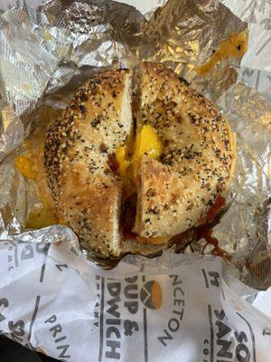 pork roll, egg, & cheese on toasted everything bagel