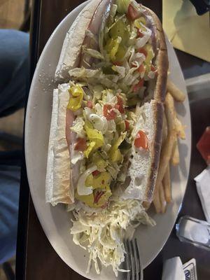 Hot Italian grinder with french fries and coleslaw, amazing