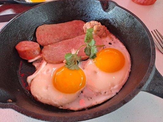 Cha Lua pate and eggs with bread and sausage (minus one sausage)