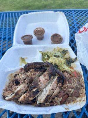 White chicken lunch special w/rice & beans and cabbage.