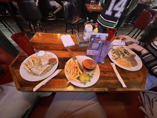 Tacos, burger, and burrito from City Tavern