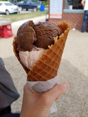 Dark chocolate and strawberry in waffle cone ($4.95)