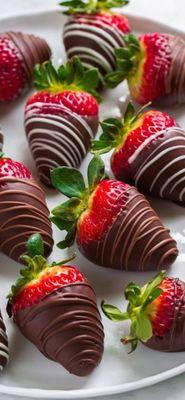 Fresh strawberries covered in chocolate and vanilla!