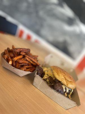 Triple cheeseburger with sweet potato fries