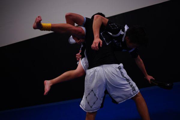 Students start with wrestling for takedowns, then jiu-jitsu for submission, and finally kickboxing is added at advanced levels for MMA.