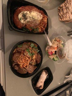 Chicken Parmesan, make Build-Your-Own Pasta Bowl, garden salad, and Nicoletto's Cannoli