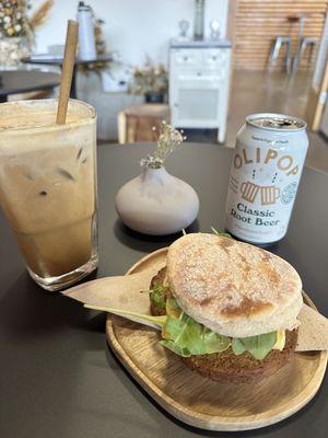 Root beer float, breakfast sandwich