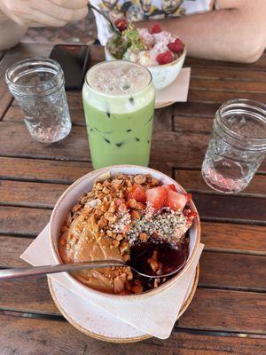 PB&J açaí bowl, iced matcha with oat milk and green planet açaí bowl